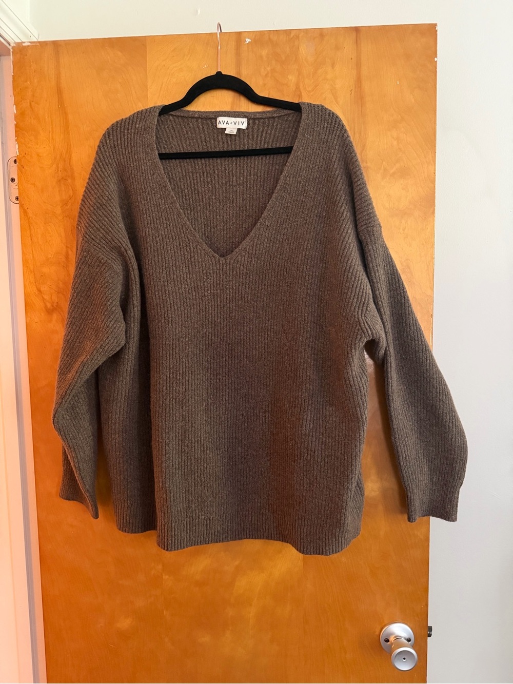 Ava & Viv V-Neck Ribbed Knit Sweater - Brown